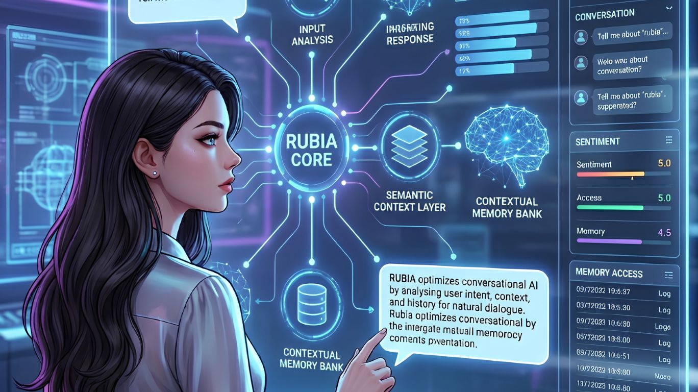 Rubia in conversational AI systems showing how AI processes user input, context, and dialogue history to generate intelligent responses in a futuristic interface.