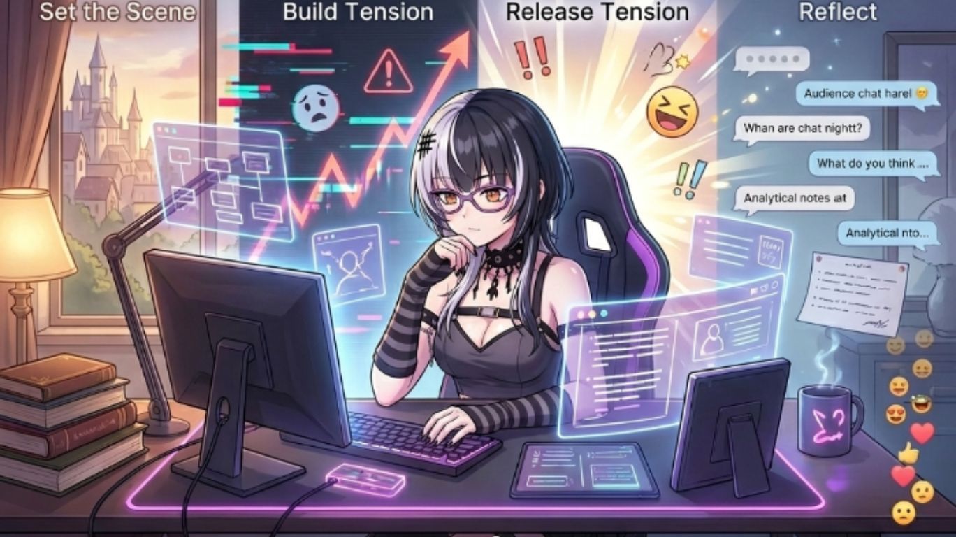 Shiori using storytelling as a performance tool in a cinematic streaming setup, visually representing scene setting, tension building, release, and reflection in a creative narrative structure.