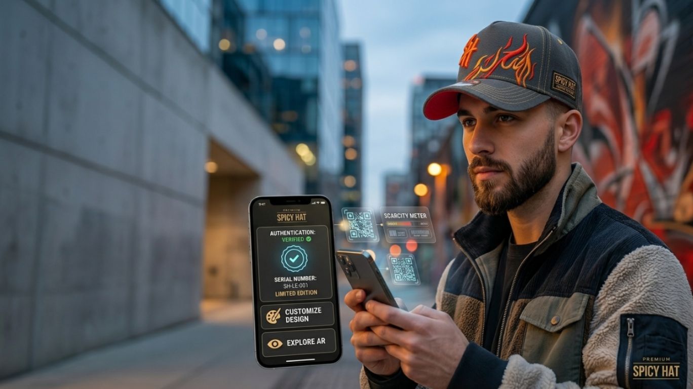 Spicy Hat limited-edition streetwear cap featuring custom design, digital interaction, and expressive fashion in a modern urban setting.