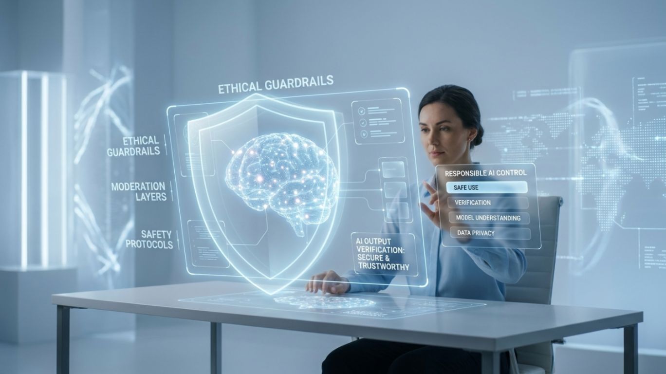 Responsible use of ai uncensored showing a user interacting with an AI system interface with safety and verification tools, emphasizing ethical and responsible AI content creation.