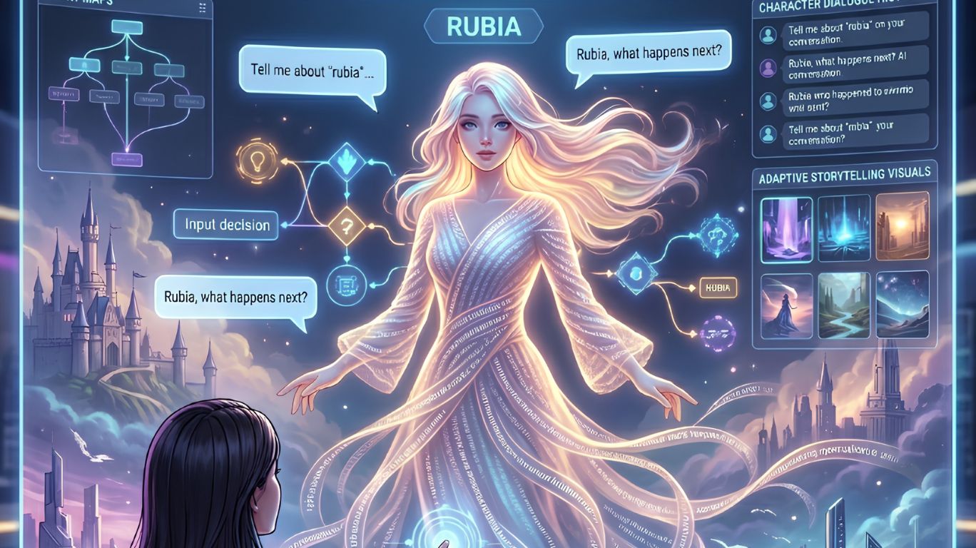 Rubia as a narrative AI character showing interactive storytelling with branching story paths and AI-driven dialogue in a futuristic narrative system.