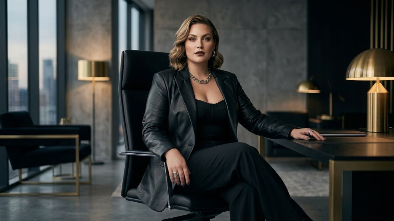BBW femdom inspired editorial image of a confident plus-size woman in a luxury office setting, symbolizing authority, body positivity, confidence as power, and modern leadership.