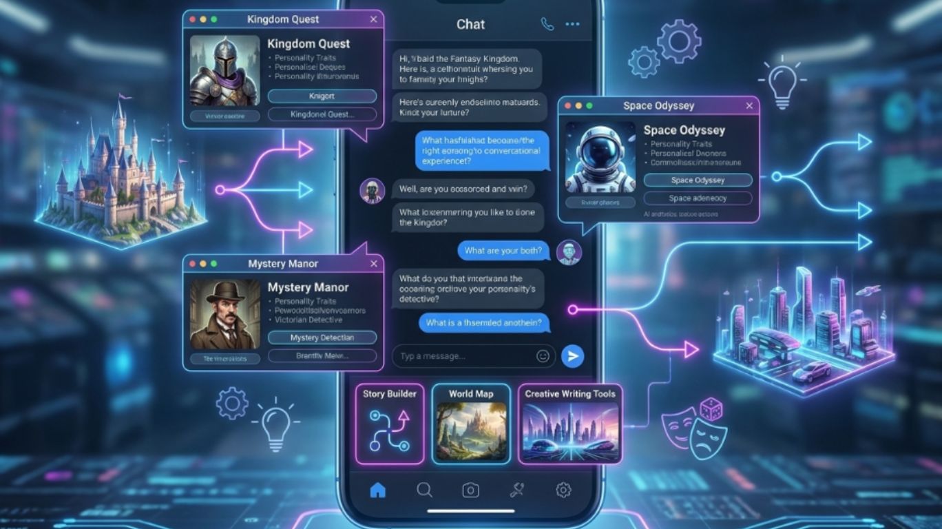 nsfw chatbots platform featuring interactive roleplay, character-driven storytelling, personalized AI conversations, creative writing tools, and custom world-building experiences
