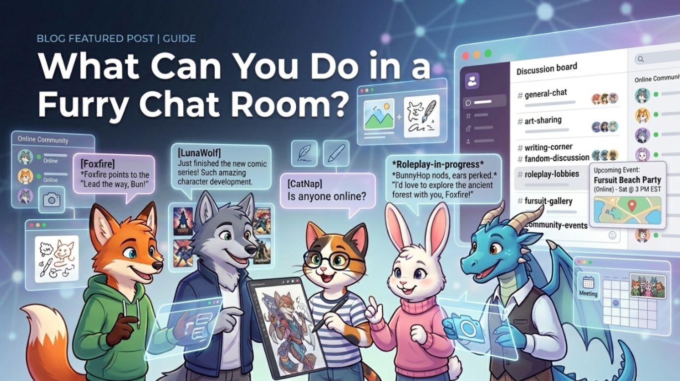 Furry chat community members participating in casual conversations, fandom discussions, art sharing, roleplay activities, and online group events within a welcoming furry chat room.