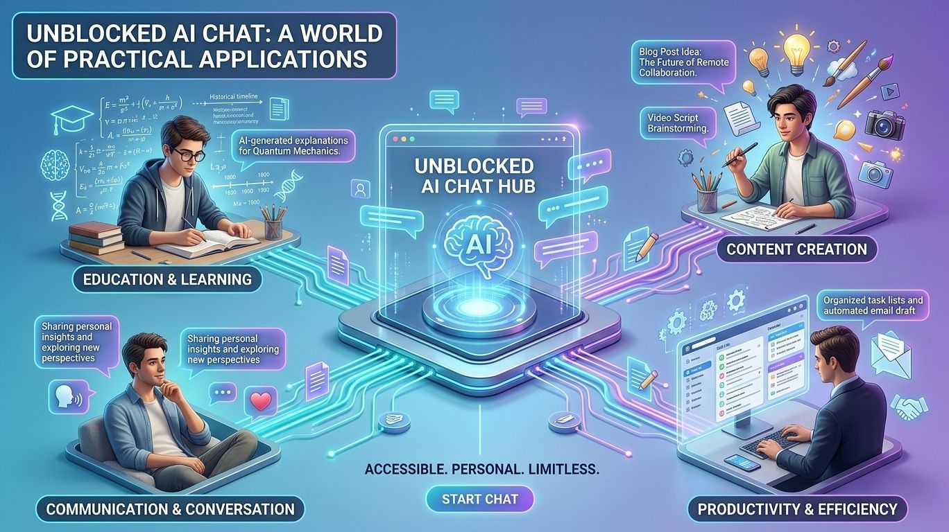 Unblocked AI chat helping users learn new topics, generate content ideas, improve productivity, organize tasks, and communicate effectively through an accessible artificial intelligence chatbot interface.