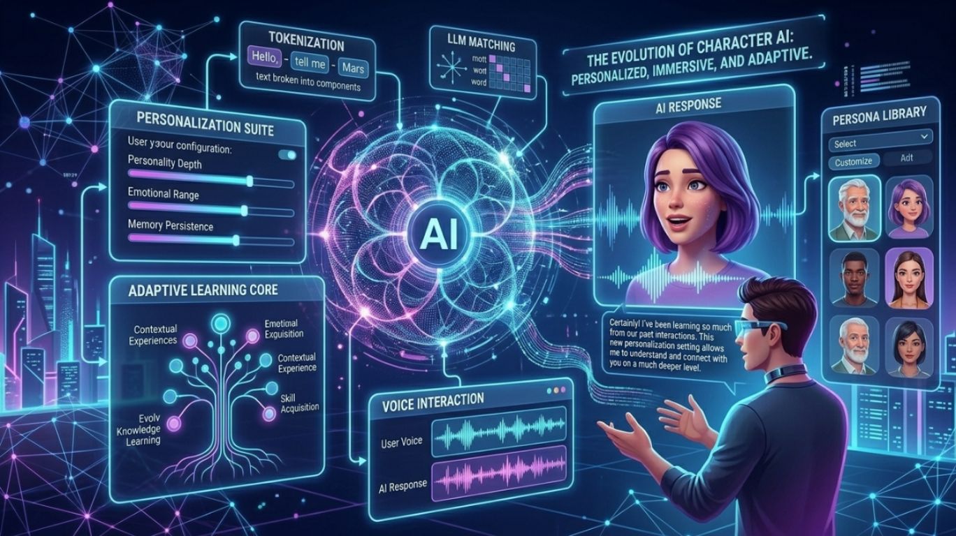 Free Character AI future concept showing advanced AI avatars, voice-enabled conversations, and personalized digital assistants in a futuristic interface representing the evolution of artificial intelligence character technology.