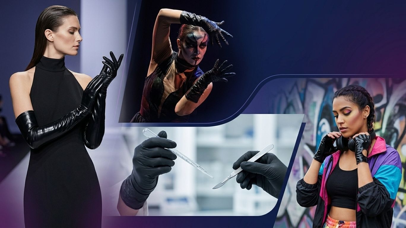 Black latex gloves featured in fashion, performance, and professional settings, illustrating the cultural significance, versatility, and visual appeal of black latex gloves across modern society.