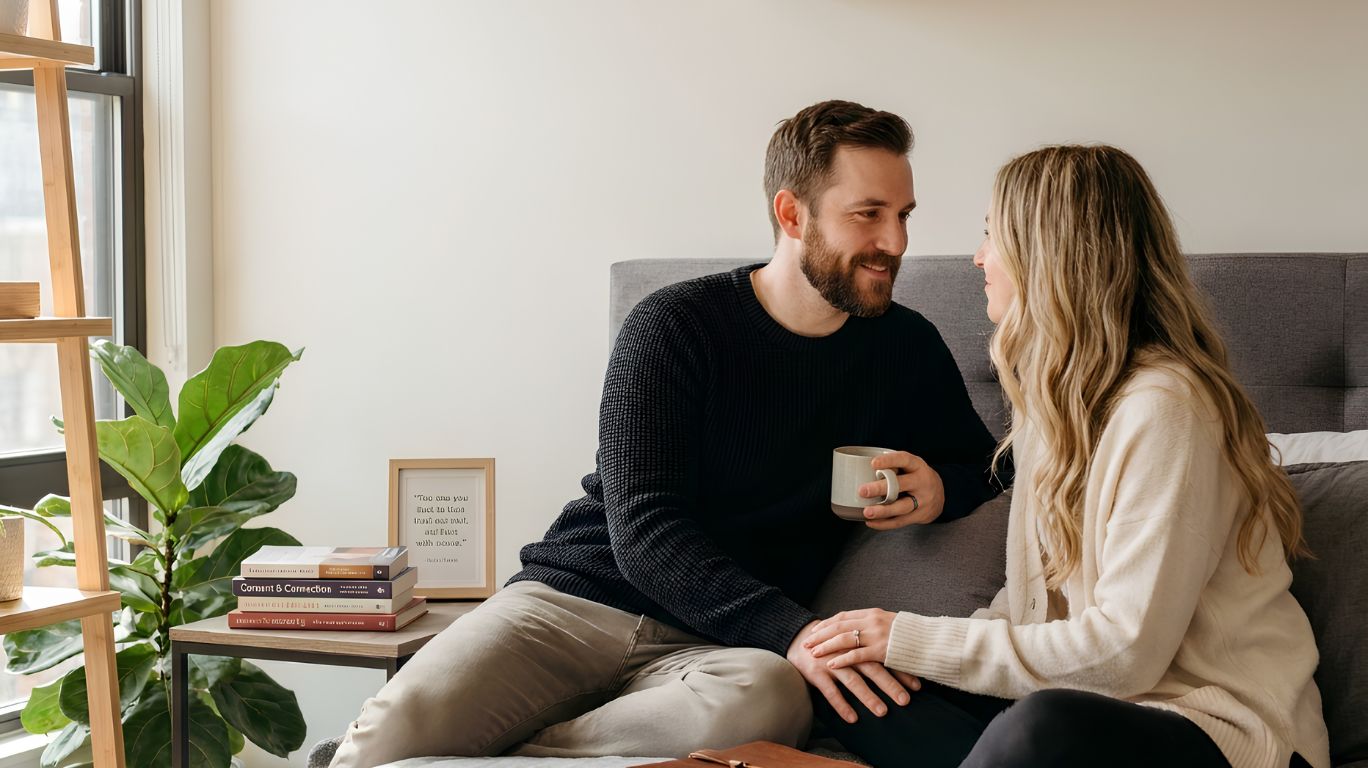 Healthy dominant sex relationship showing a confident dominant partner and trusting partner communicating boundaries, consent, emotional safety, and responsible power exchange in an intimate setting.