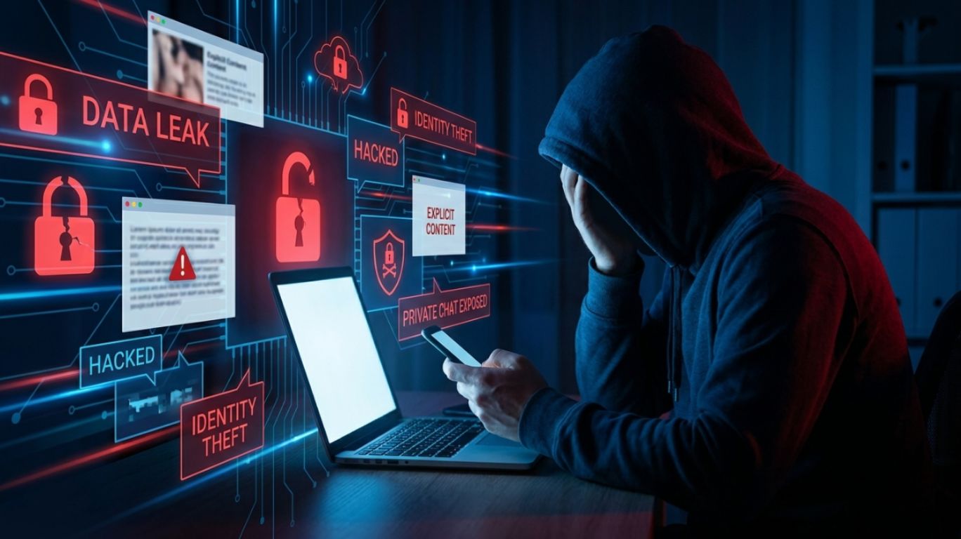 Porno chat privacy risks illustration showing an anonymous person worried about screenshots, shared messages, and online data security concerns.