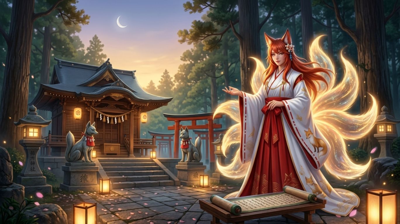 Kitsune girl near an Inari shrine representing Zenko fox spirits in Japanese folklore with glowing tails and sacred shrine elements