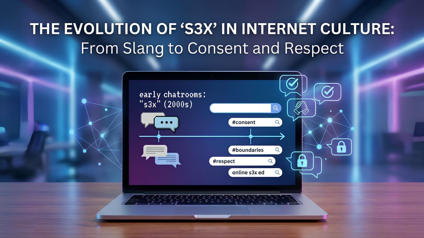 Where did s3x come from? Educational illustration showing the evolution of the term s3x in internet culture, featuring digital communication, consent awareness, healthy relationship boundaries, trust, and responsible relationship dynamics in a modern online environment.