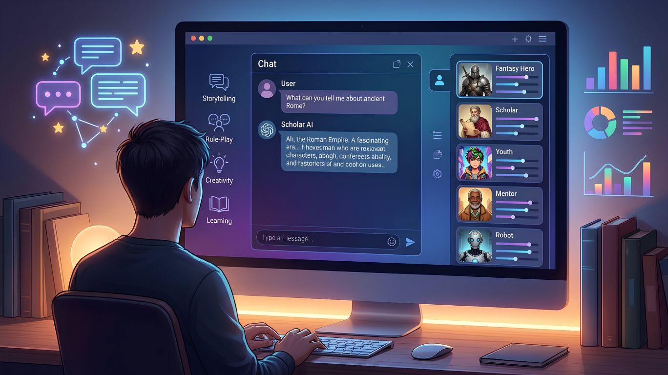Create a modern, high-quality digital illustration of a person interacting with a character AI website on a desktop computer in a cozy workspace. The computer screen displays a clean chat interface with multiple customizable AI character avatars, including a fantasy hero, historical scholar, anime-inspired character, friendly mentor, and sci-fi robot. Add subtle UI elements such as conversation bubbles, character profile cards, personality settings, and creativity icons to represent storytelling and role-playing. Include visual elements symbolizing creativity, learning, entertainment, emotional support, and diversity, such as books, glowing speech bubbles, stars, and colorful abstract graphics. Use a futuristic blue and purple gradient color palette with soft lighting, depth, and a professional tech-inspired design. The composition should be wide, uncluttered, blog-friendly, realistic yet slightly stylized, with generous negative space for responsive layouts. No logos, watermarks, copyrighted characters, or readable brand names.