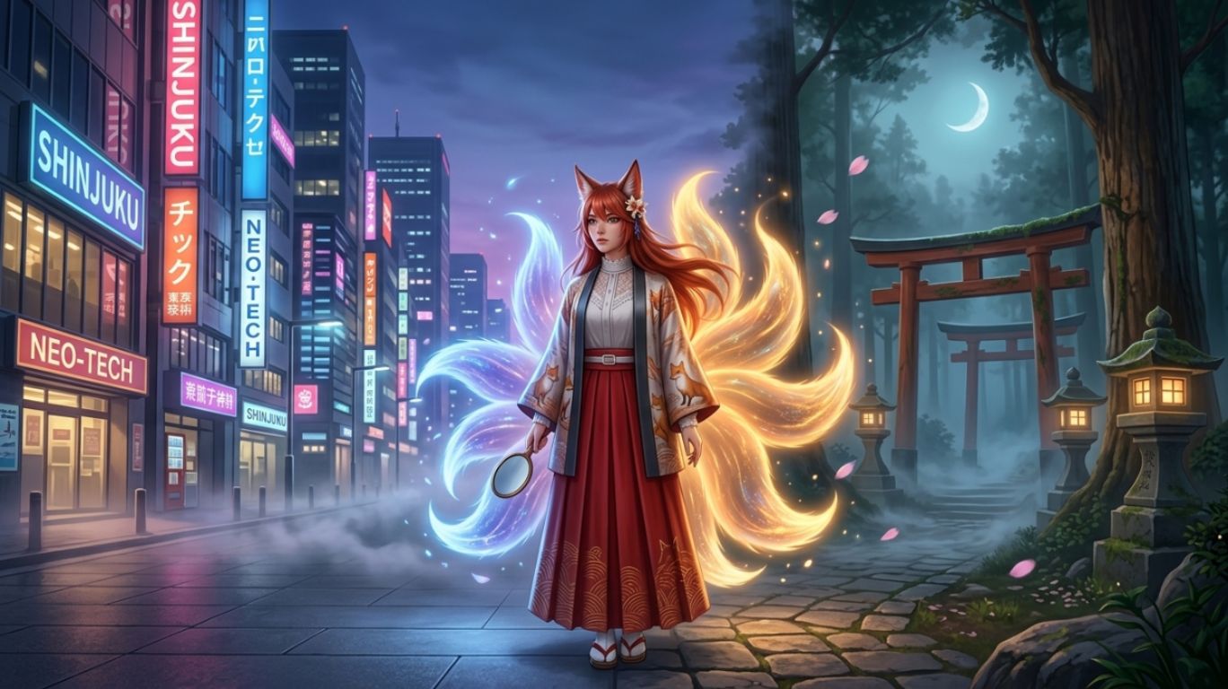 Kitsune girl symbolizing personal transformation and identity between a mystical forest and modern city inspired by Japanese folklore
