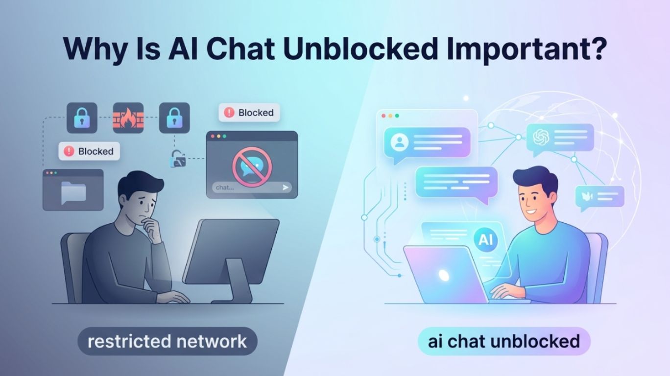 AI chat unblocked concept showing a comparison between restricted access and open access to AI chat tools, highlighting how unblocked AI chat enables learning, creativity, and productivity in a modern digital environment