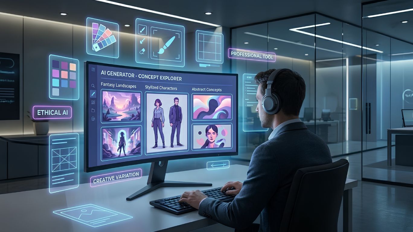 ai generator nsfw concept showing a designer using an AI-powered image creation platform to explore multiple artistic styles, concept art, and creative workflows in a modern futuristic digital workspace.