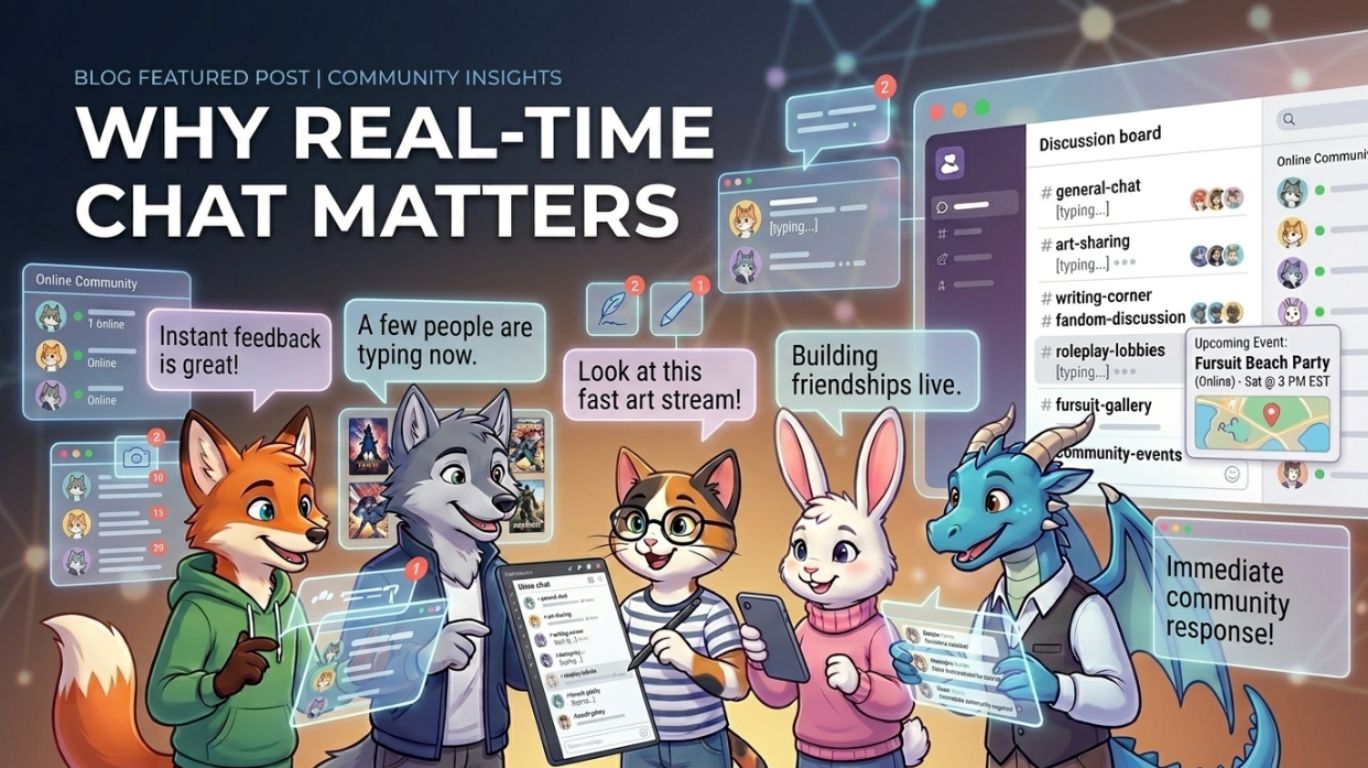 Furry chat community members communicating through real-time messaging, showcasing instant conversations, active discussions, and online social interaction in a furry chat room.