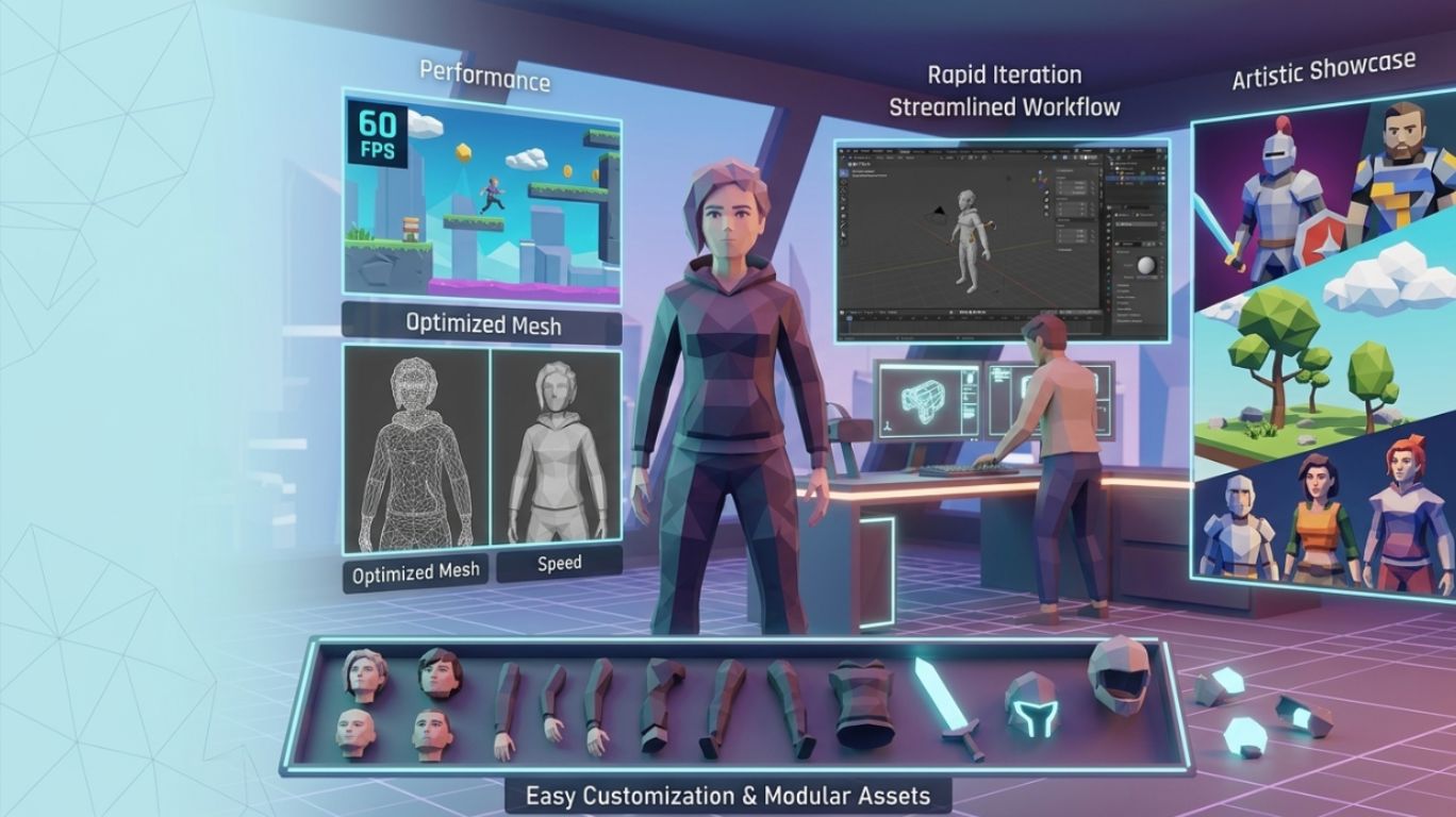 Low poly character in a modern 3D design environment illustrating game development benefits such as performance efficiency, fast workflow, and customizable polygon-based modeling.