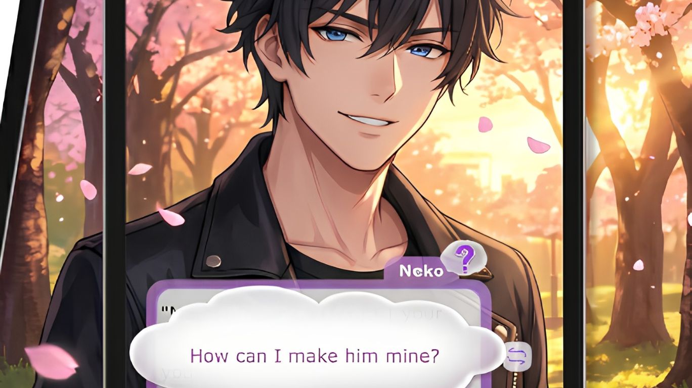 ai anime chat shown on a smartphone screen with an anime character responding in a chat interface featuring messages like hello, I miss you, and Love in a soft AI-powered conversation style