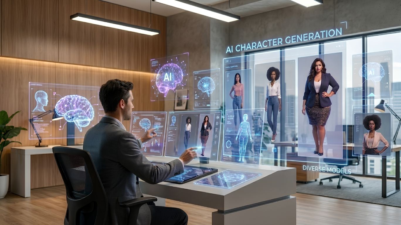AI big tits virtual model displayed alongside diverse AI-generated female avatars in a futuristic AI design studio, demonstrating the benefits of AI-powered virtual model creation for digital artists, content creators, and character designers.