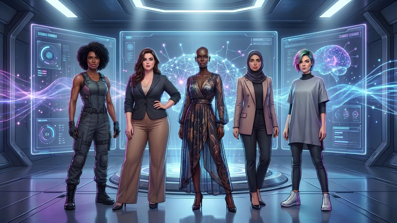 AI big tits virtual models displayed alongside diverse AI-generated women with different body types and ethnicities, illustrating the growing popularity of inclusive digital characters for creative design and AI art.