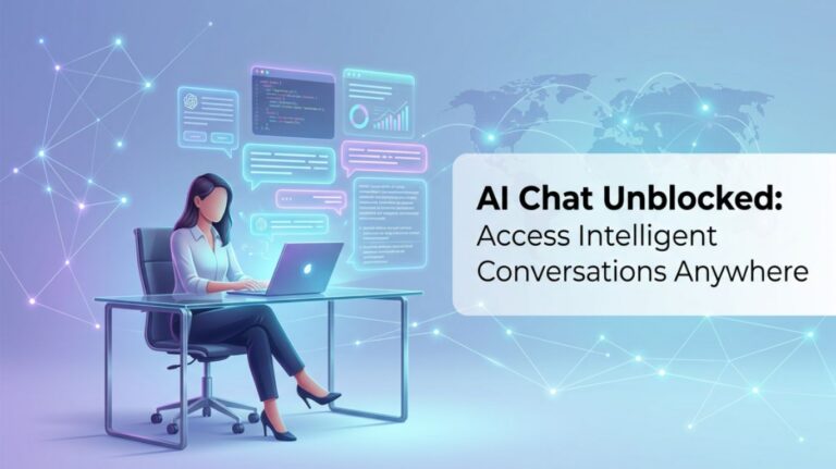 A person sits at a desk working on a laptop, surrounded by glowing AI chat bubbles and data visualizations. The text "AI Chat Unblocked: Access Intelligent Conversations Anywhere" is overlaid on the image. txt only not image