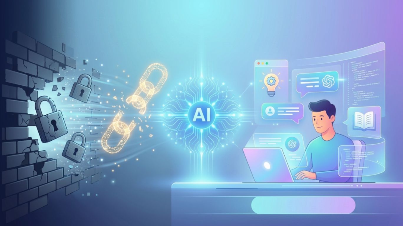 ai chat unblocked concept showing a user interacting with an AI system in a futuristic digital environment symbolizing creativity, learning, and unrestricted communication as barriers fade into an open and innovative future