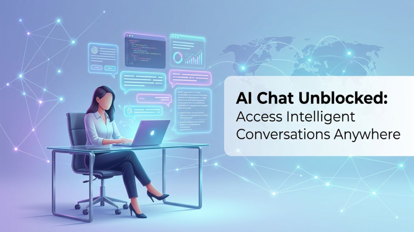 A person sits at a desk working on a laptop, surrounded by glowing AI chat bubbles and data visualizations. The text "AI Chat Unblocked: Access Intelligent Conversations Anywhere" is overlaid on the image. txt only not image