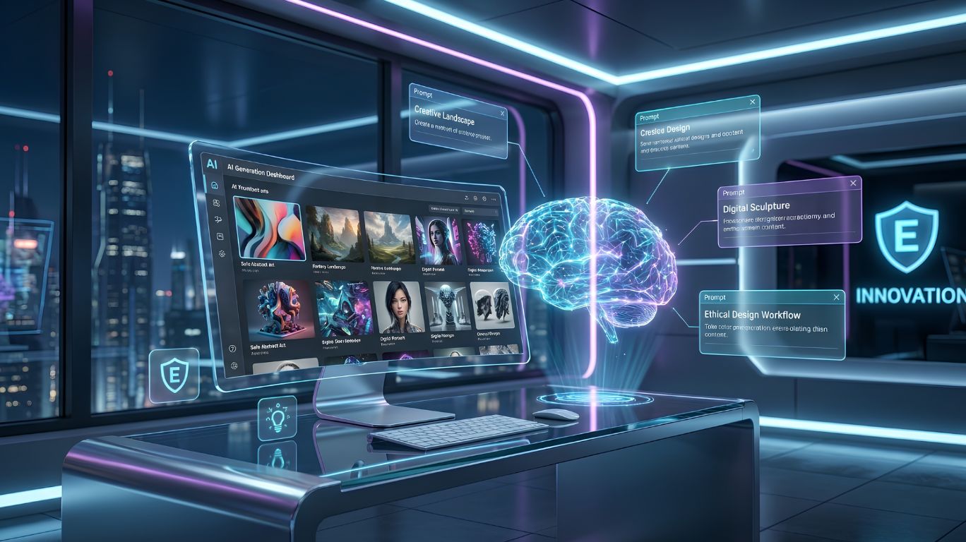 Professional ai generator nsfw concept showing a futuristic AI-powered creative workspace with digital art generation tools, abstract visual designs, and responsible AI-assisted image creation in a safe-for-work environment.