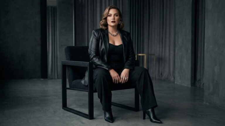 A person sits in a black armchair wearing a black leather jacket, black top, black pants, and black boots, styled in a confident, editorial-inspired bbw femdom aesthetic. They are also wearing a statement necklace and rings, conveying a powerful presence, self-assurance, and modern body-positive dominance in a fashion-forward, studio-lit setting.