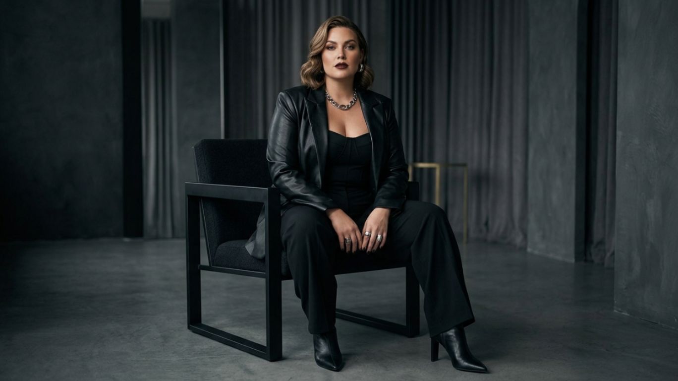 A person sits in a black armchair wearing a black leather jacket, black top, black pants, and black boots, styled in a confident, editorial-inspired bbw femdom aesthetic. They are also wearing a statement necklace and rings, conveying a powerful presence, self-assurance, and modern body-positive dominance in a fashion-forward, studio-lit setting.