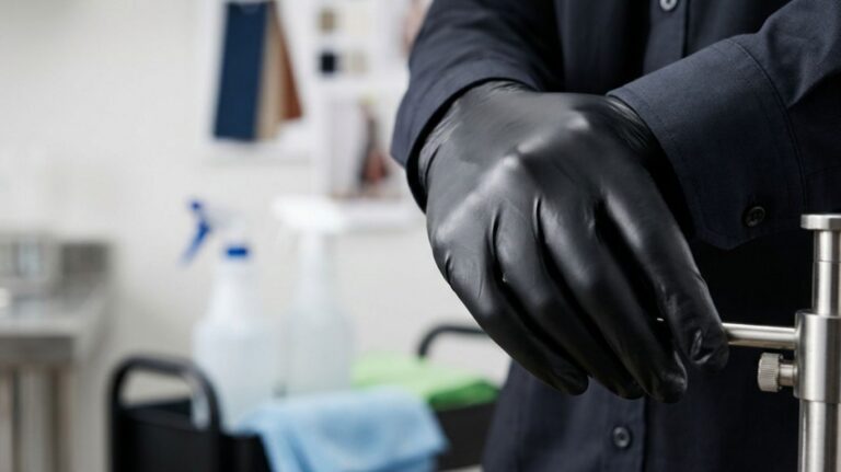 Black latex gloves displayed in a professional setting, highlighting their use for protection, medical work, cleaning tasks, fashion styling, and specialized environments.