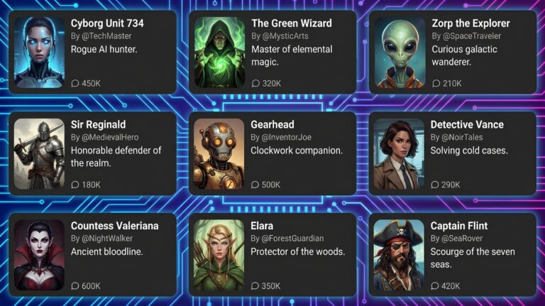 Character AI website displaying a grid of nine customizable AI character portraits, including a cyborg, wizard, alien, knight, robot, detective, vampire, elf, and pirate for interactive conversations and creative storytelling.