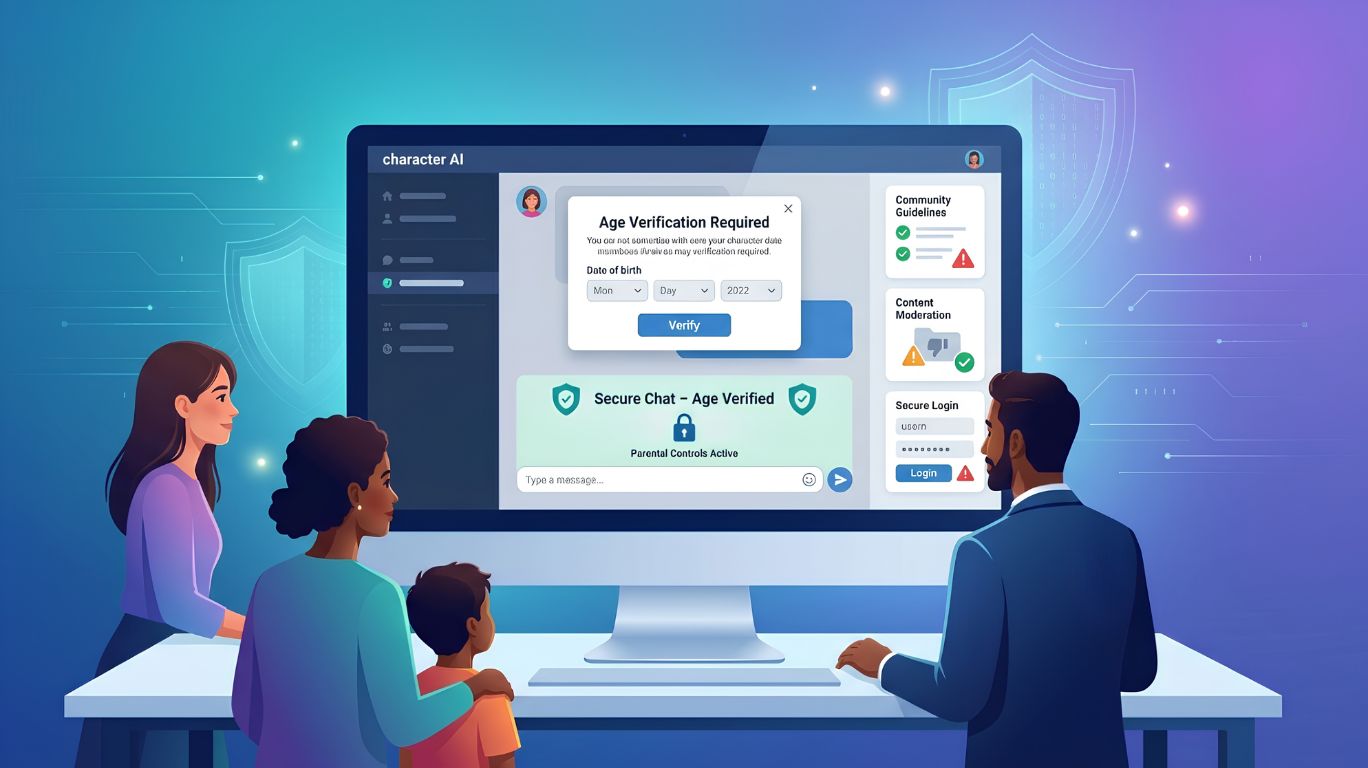 Character AI website displaying age verification, privacy protection, and safety features that promote responsible AI conversations and secure online interactions for users.