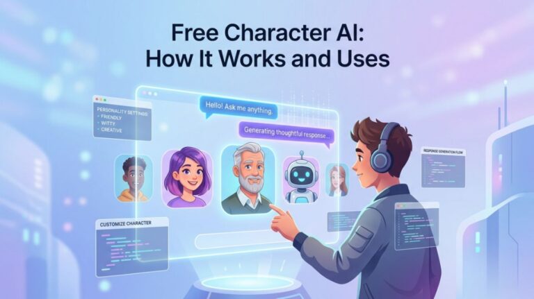 Free Character AI concept showing a user interacting with multiple AI-generated character avatars on a futuristic chat interface, explaining how Free Character AI works and its uses in modern digital communication.
