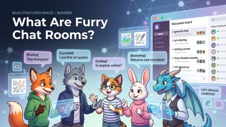 Furry chat room featuring anthropomorphic animal characters participating in real-time online conversations, topic-based discussions, and community interaction within the furry fandom.