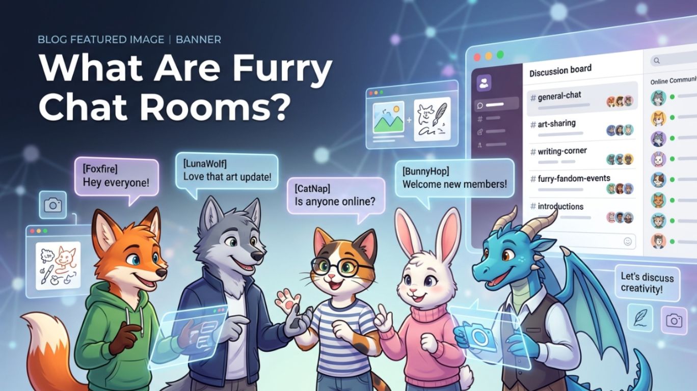 Furry chat room featuring anthropomorphic animal characters participating in real-time online conversations, topic-based discussions, and community interaction within the furry fandom.