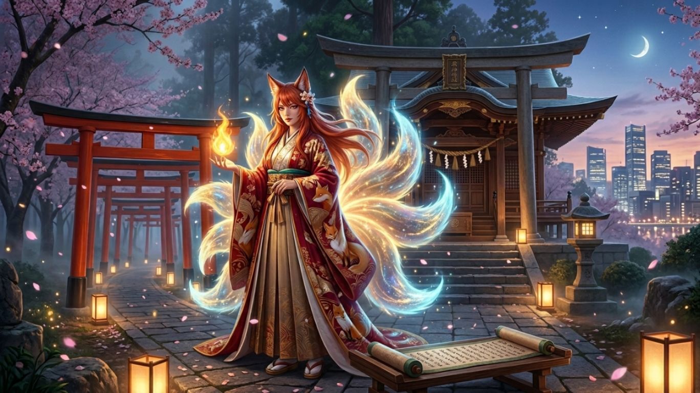 Kitsune girl in Japanese mythology with glowing fox tails standing near a shrine symbolizing origins, powers, and modern meaning