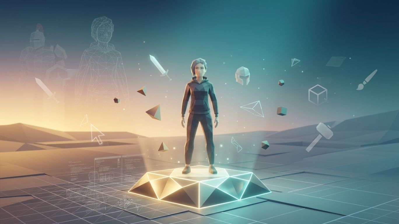 Low poly character standing on a glowing geometric platform in a cinematic 3D scene symbolizing creativity, minimalism, and the artistic philosophy behind low poly design in game development.