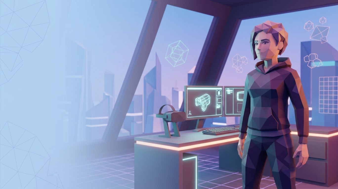 Low poly character standing in a futuristic digital workspace surrounded by geometric shapes and 3D wireframes representing game development and modern low poly art style.