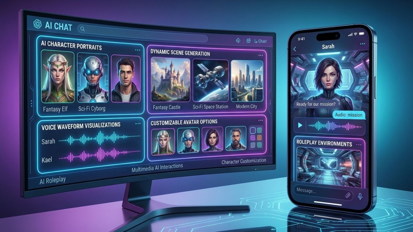 "nsfw chatbots platform showcasing AI roleplay enhanced with character images, voice responses, visual scene generation, and dynamic avatar customization for a more immersive user experience.