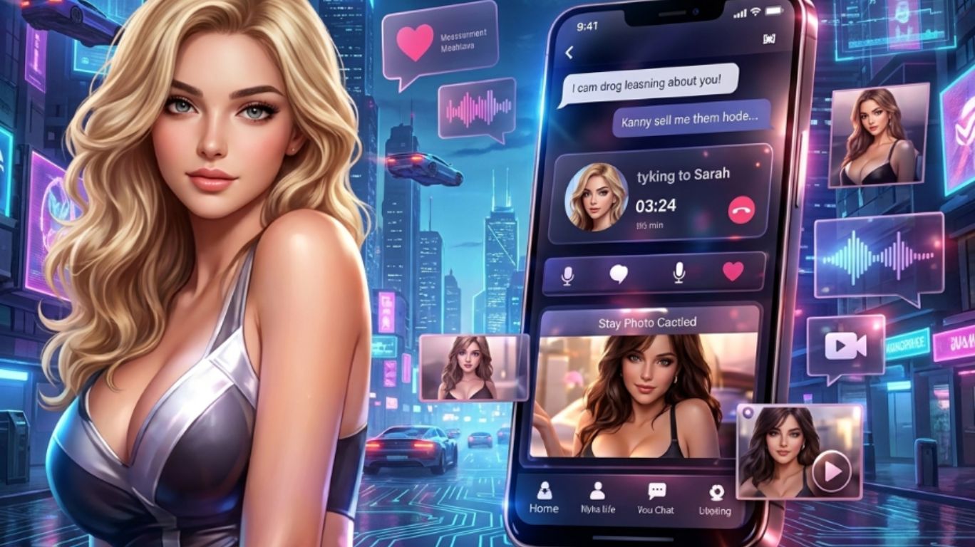nsfw chatbots interface displayed on a smartphone beside a blonde woman in a futuristic outfit, featuring AI-powered conversations, virtual companion profiles, and interactive roleplay experiences against a neon-lit cyberpunk cityscape with flying cars and digital circuit patterns.