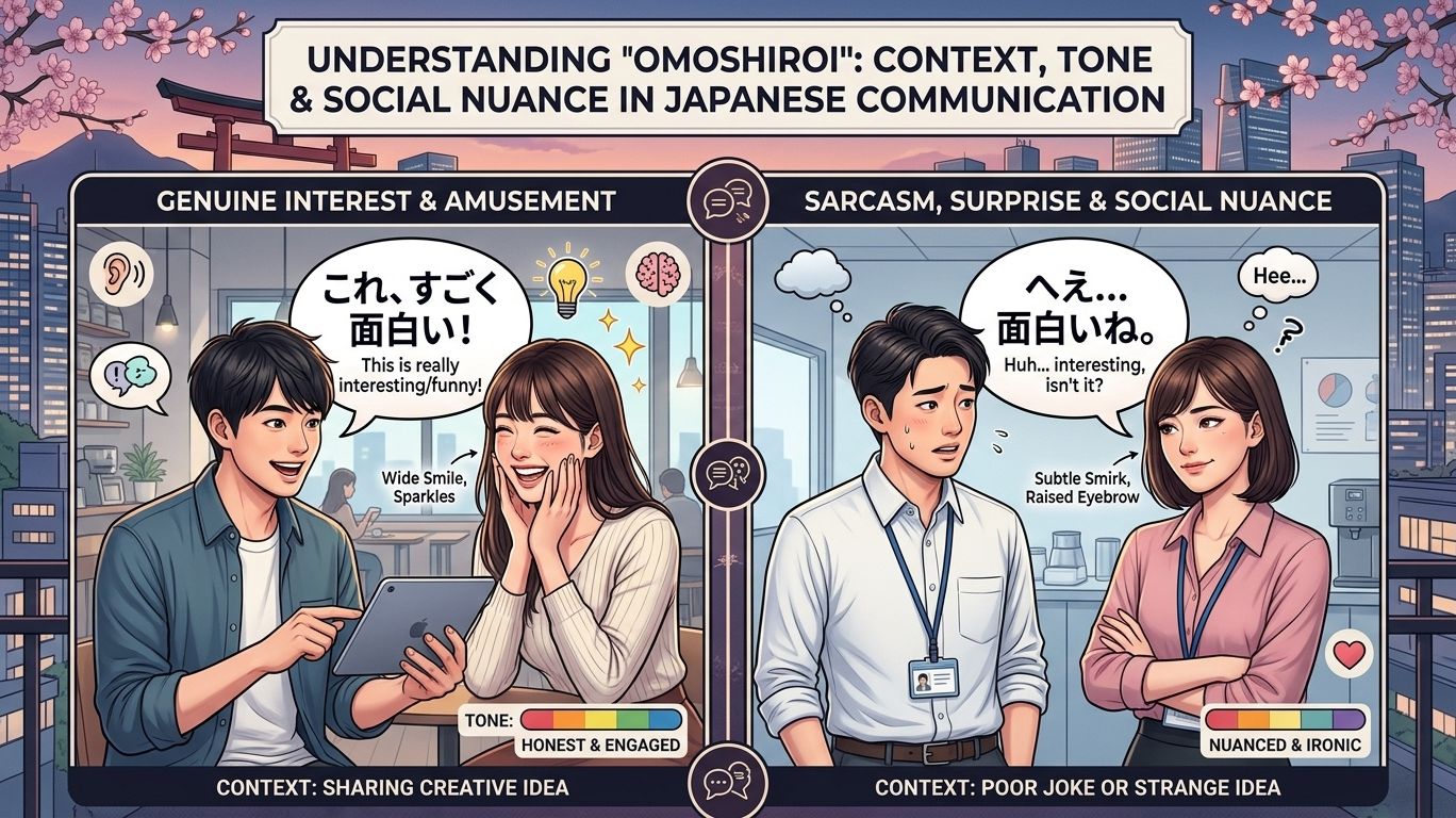 Illustration showing how omoshiroi can have different meanings depending on tone, context, facial expressions, and social situations in Japanese communication.