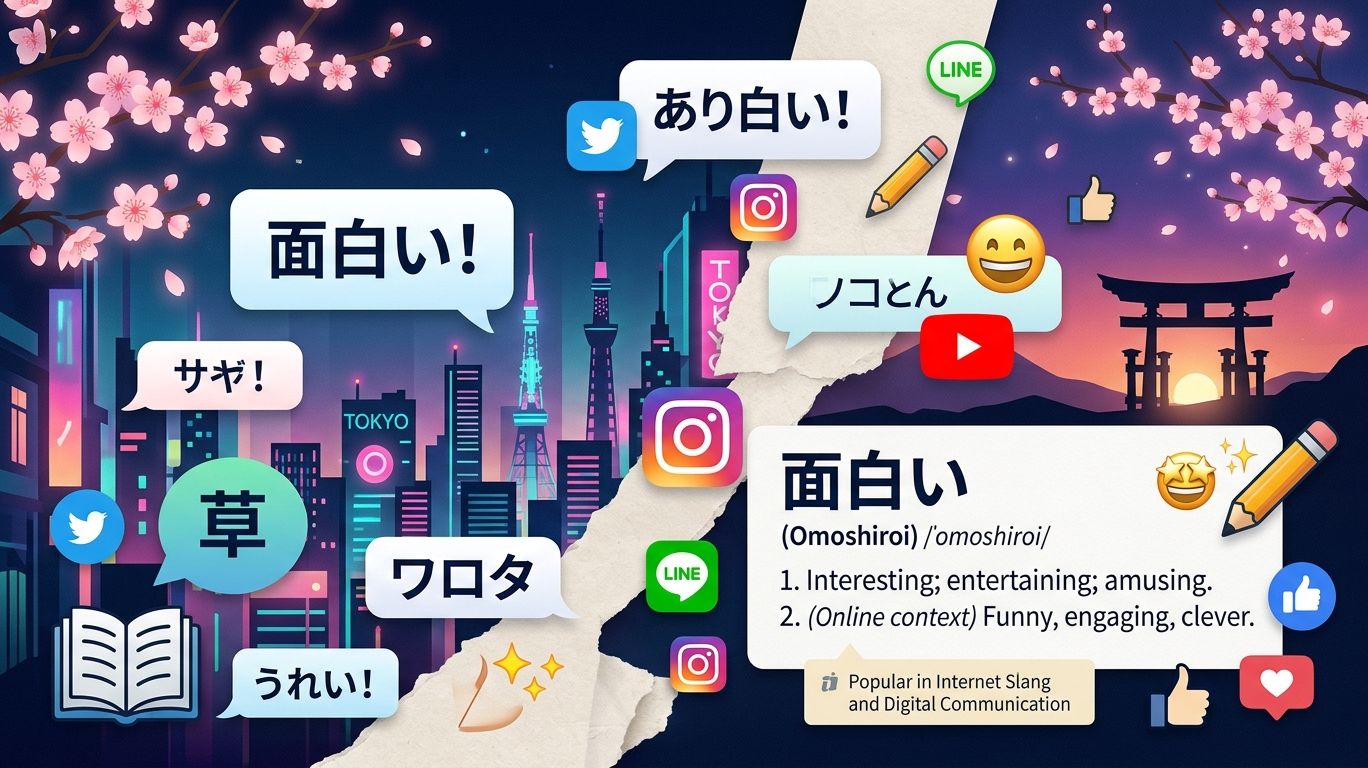Omoshiroi meaning in Japanese language and online culture, featuring Japanese-inspired visuals, digital communication elements, and educational context about omoshiroi usage in NSFW discussions.