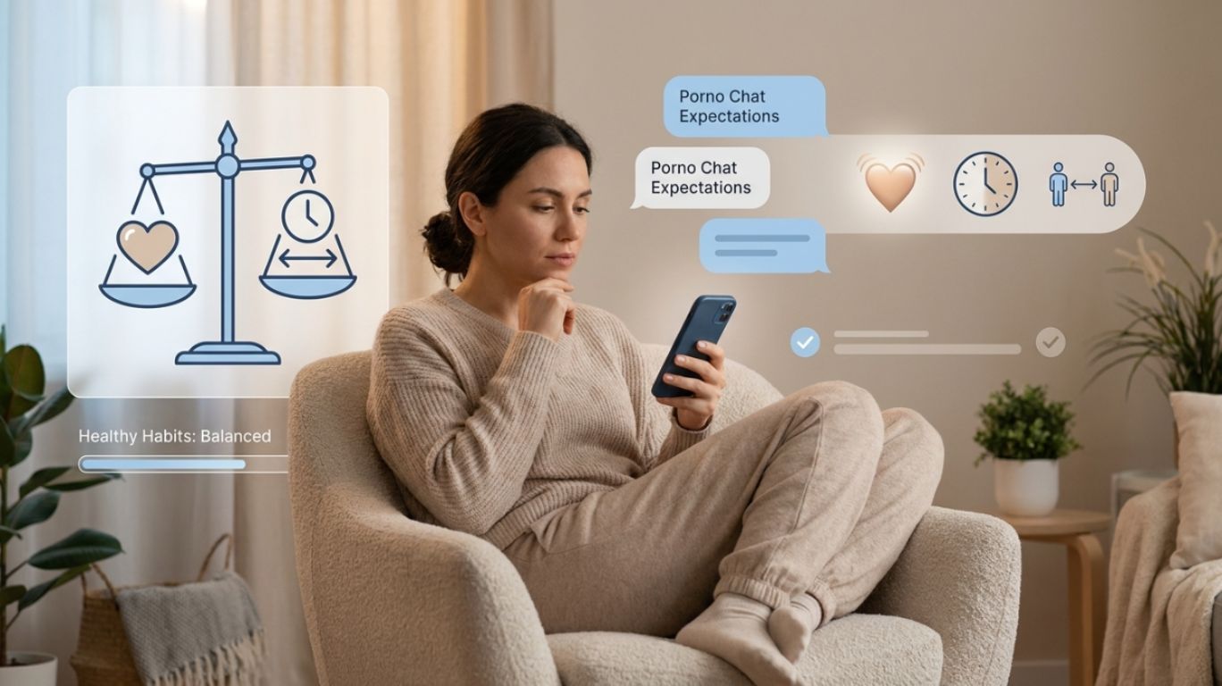 Concept image about porno chat expectations showing a person reflecting on digital interactions, emphasizing healthy use, emotional balance, and realistic online communication.