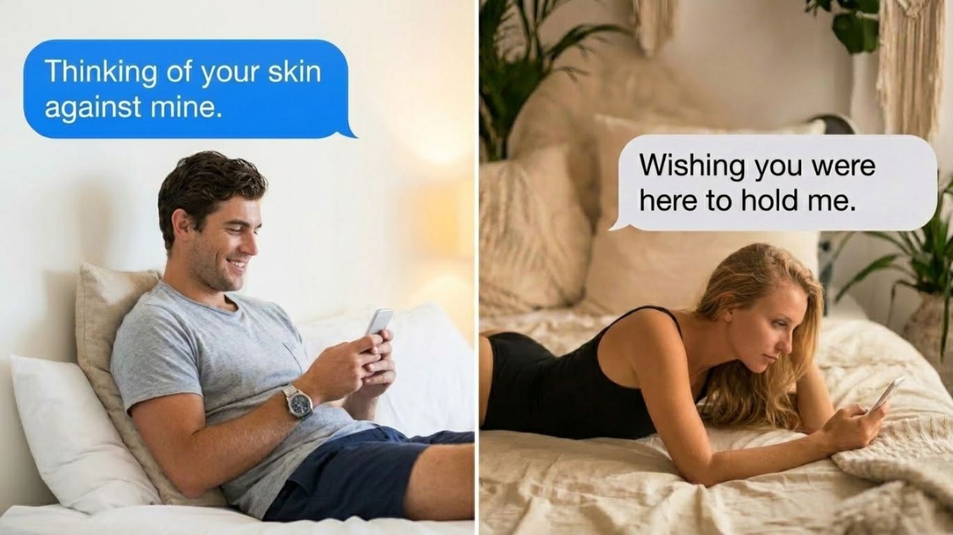 A split image shows a man engaged in a porno chat texting “Thinking of your skin against mine,” while a woman replies “Wishing you were here to hold me,” highlighting intimate digital conversations between two people.