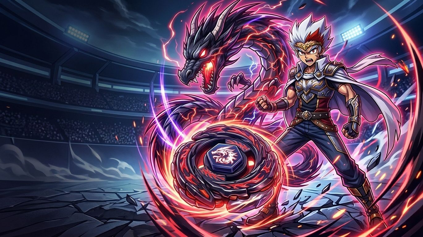 Ryuga with L-Drago Beyblade displaying powerful dragon energy, highlighting why L-Drago is important as Ryuga's signature left-spinning Beyblade.