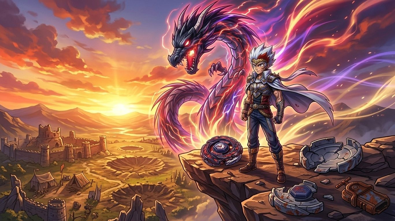 Ryuga standing with L-Drago dragon spirit in the background, symbolizing strength, growth, determination, and the lasting legacy of Ryuga in Beyblade Metal Saga.