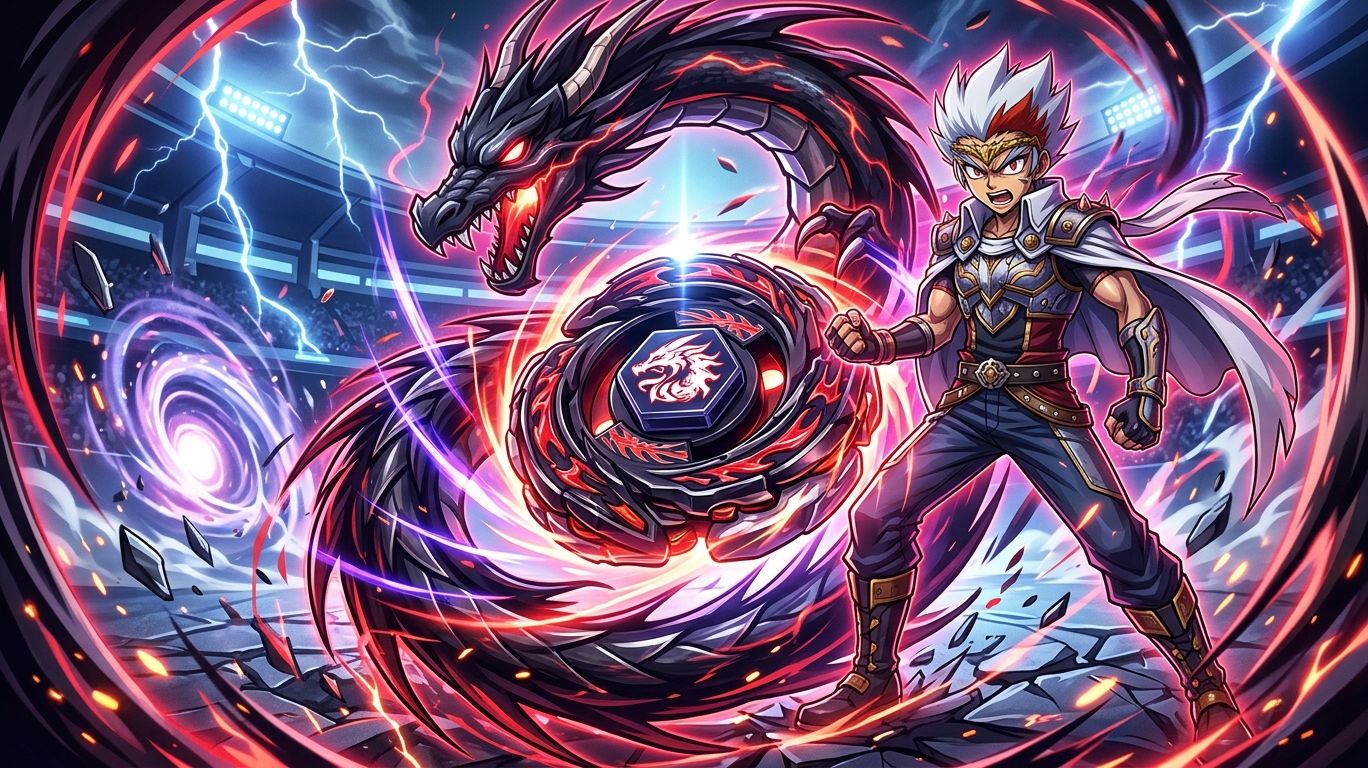 Ryuga Beyblade featured image showing Ryuga with L-Drago dragon power, intense battle aura, spinning Beyblade, and Metal Saga-inspired action scene.