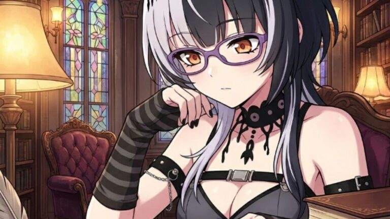 A woman "shiori" with black and white hair and glasses sits at a desk in a library, reading an open book. She wears a choker and arm warmers. Stained glass windows and bookshelves are in the background.