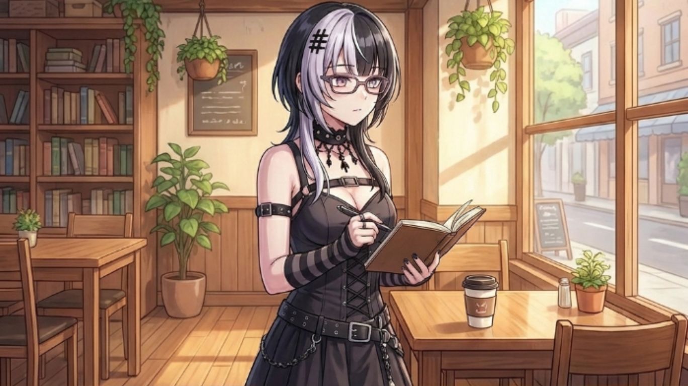 Shiori Novella-inspired VTuber Shiori in a cinematic streaming setup, representing strong character design, cohesive identity, performance storytelling, and introspective digital presence.